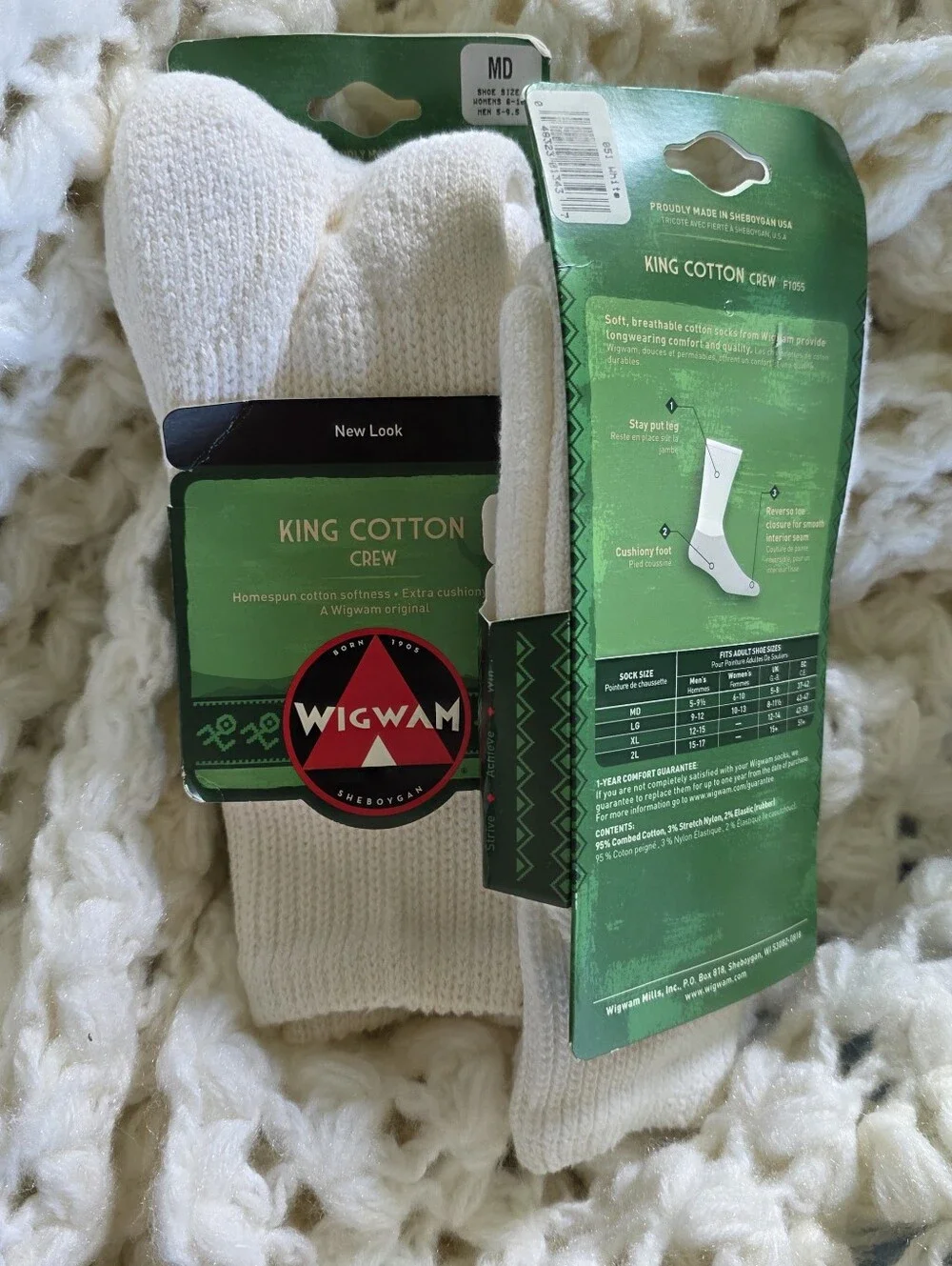 NWT Wigwam King Cotton Crew Socks Hiking Unisex Vintage Scrunchie Socks 2 Pair M